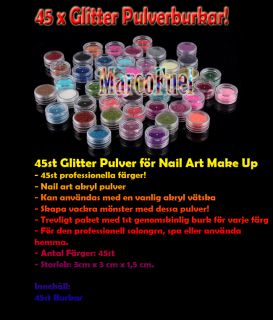 REA 45st Glitter Pulver för Nail Art Make Up Många Färger på 