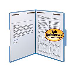 Smead® Color Reinforced Tab Fastener Folders, Letter Size, 1/3 Cut 