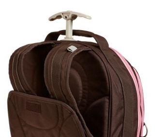 Rolling backpack straps can be stored behind a fabric panel when used 