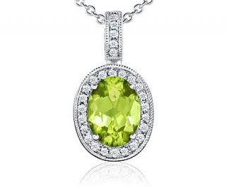 Oval Peridot and Diamond Pendant in 18k White Gold (8x6 mm)  Blue 