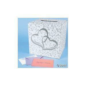 Wedding Gift Holder Card Box Silver Two Hearts Pattern