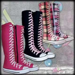 Girls Kids Shoes Knee High Canvas Lace Ups Tall Boots Youth Size 12 13 