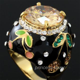 Gold 6 Carat Flower Ring use Swarovski Crystal UK size M,O,Q   SR162