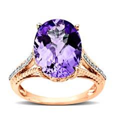 Oval Amethyst and Diamond Accent Ring in 14K Rose Gold   Size 7 