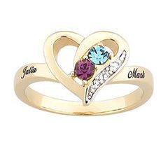 18K Gold Plate Couples Simulated Birthstone Heart Ring with Diamond 
