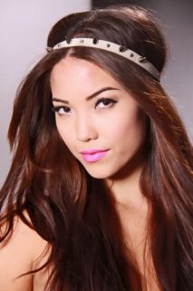 Taupe Silver Patent Faux Leather Spike Studded Headband @ Amiclubwear 