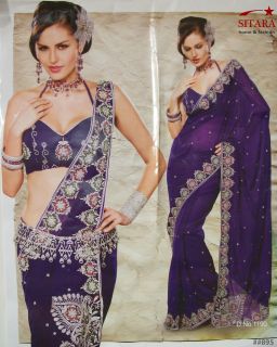 Net Saree Purple Designer Indian Bridal Wedding Embroidered Sari 