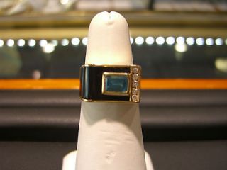 DIAMOND MENS PINKY RING YELLOW GOLD ONYX AND BLUE TOPAZ NEW 