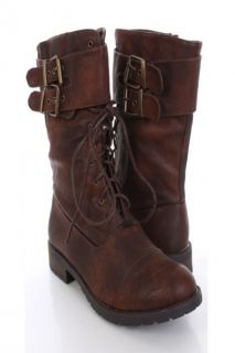 Tan Faux Leather Lace Up Buckled Strap Combat Boots @ Amiclubwear 