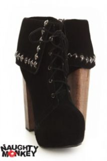 Black Suede Upper Studded Lace Up Hidden Platform Ankle Bootie Heels