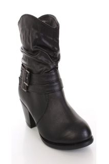 Black Faux Leather Slouchy Buckle Strapped Booties