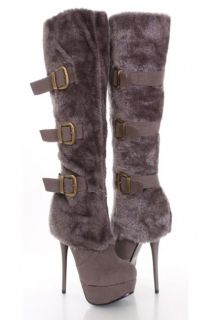 Grey Faux Suede Fur Buckle Strapped AMIclubwear Boots @ Amiclubwear 
