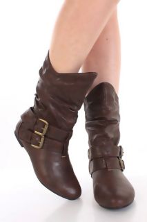 Brown Crinkle Faux Leather Buckle Strap Ruched Mid Calf Boots 