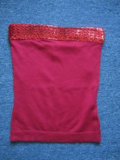   Ruby Red Sequin Merino Wool Silk Knit Club Strapless Tube Top, Sz XS