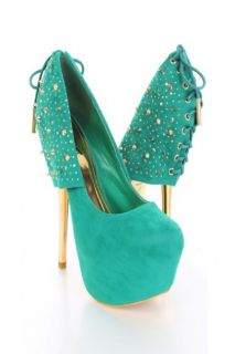 Green Gold Faux Suede Spike Studded Mirrored Heels @ Amiclubwear Heel 