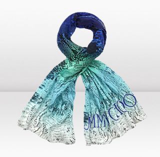 Jimmy Choo  Silver  Navy Turquoise Jade White Printed Cashmere Silk 