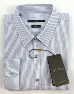 New GUCCI Italy Light Blue Stripe Cotton Skinny Dress Shirt 15.75 40 M 
