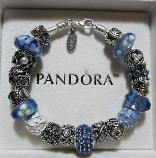 Authentic Pandora Bracelet w 19 Murano Beads & Charms Blue Sparkle