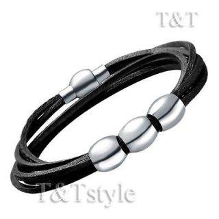 Black Leather Three Stripe With S.Steel Magnet Buckle Bangle BR52