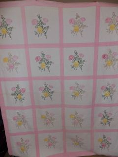   Antique Handmade Embroidered Floral Flower Pink Yellow Quilt Square