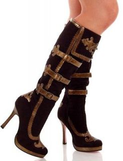 Sexy Black Gold Strap Knee High Heel Pirate Costume Boots
