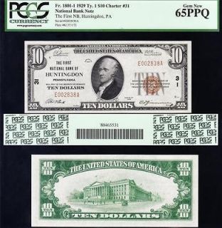 Amazing GEM UNC 1929 $10 HUNTINGDON, PA National Note PCGS 65 PPQ 