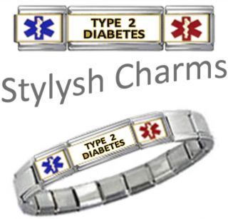 TYPE 2 DIABETES DIABETIC ID Italian Charm Bracelet 9mm Links x15 
