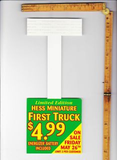 VINTAGE HESS GAS STATION POINT OF SALE SIGN FOR MINIATURE FIRST TRUCK 