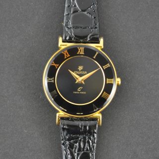 Jowissa #369 L New Gold Plated Wristwatch, Black Dial, Black Leather 