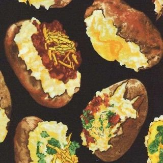 LOADED BAKED POTATOES ON BLACK Cotton Fabric BTY for Quilting, Craft 