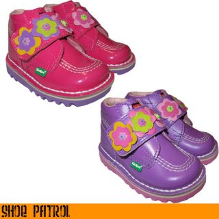 Kickers Kick Hi Infants Kids Girls Purple or Pink Strap Leather Boots 