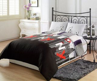 3pcs New York City Purple Black Grey Stripe Reversible Comforter Set 