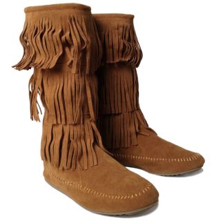 NEW Womens 3 Layer Fringe Moccasin Flat Heel Mid Calf Slouch Boots 
