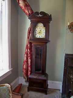 1908 Antique Walnut Tall Case Grandfather Clock Tobacco Leaf Carving 