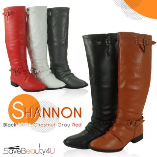 New Women Buckle Faux Leather Back Zipper Knee High Boots   Shannon