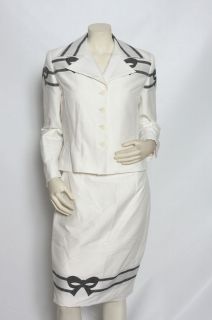 Peggy Jennings White w/ Grey Ribbons Bows 2 pc Skirt Suit Jacket sz 10 
