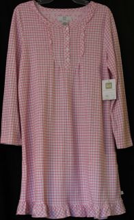 Karen Neuburger Night Gown Shirt Pink Gray Plaid Victorian Ruffles 