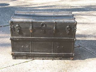 ANTIQUE FLAT TOP WOODEN TRUNK W/WOOD SLATS ON TOP AND SIDES NEEDS 