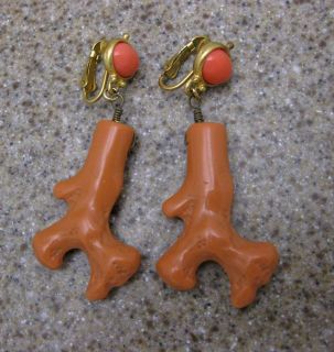 KENNETH LANE Rare Vintage Clip on Earrings / Gold Tone w/ Faux Coral 