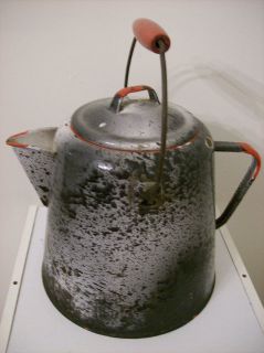 vtg red handle gray enamelware graniteware pot kettle time left