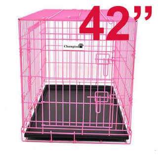 Pink Foldable Black 42 3 Door Dog Cage Crate Kennel w/ Divider and 