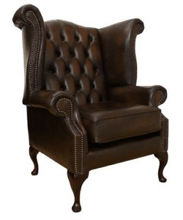Chesterfield Queen Anne High Back Wing Chair Antique Brown Leather 