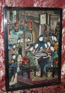   QING DYNASTY REVERSE GLASS PAINTING COURT FIGURAL SCENE MAHJONG