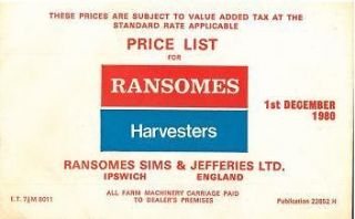 RANSOMES SUGAR BEET & POTATO HARVESTER PRICE LIST 1st DEC 1980  PY1
