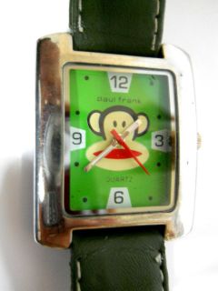PAUL FRANK SQUARE GREEN FACE WATCH / LEATHER BAND /NEW BATTERY