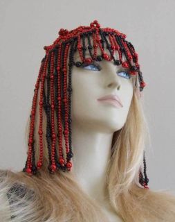 Cleopatra Red and Black Bead Head Piece Mardi Gras Costume Party 