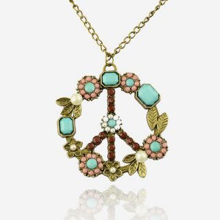   Peace Symbol Vintage Retro Leaf Pearl Flower Necklace Pendant T04B435K