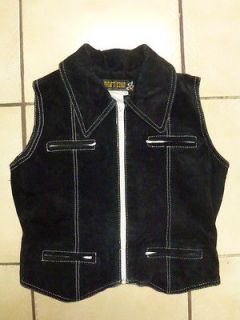 WOMENS SUEDE LEATHER BLACK VEST WHITE STITCHNG ZIPPERS CLASSIC Size S