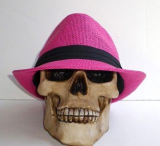 fushia pink straw brim golf black band fedora hat s