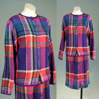   80s MISSONI Purple Pink Plaid Wool Knit Sweater Top & Skirt Suit M